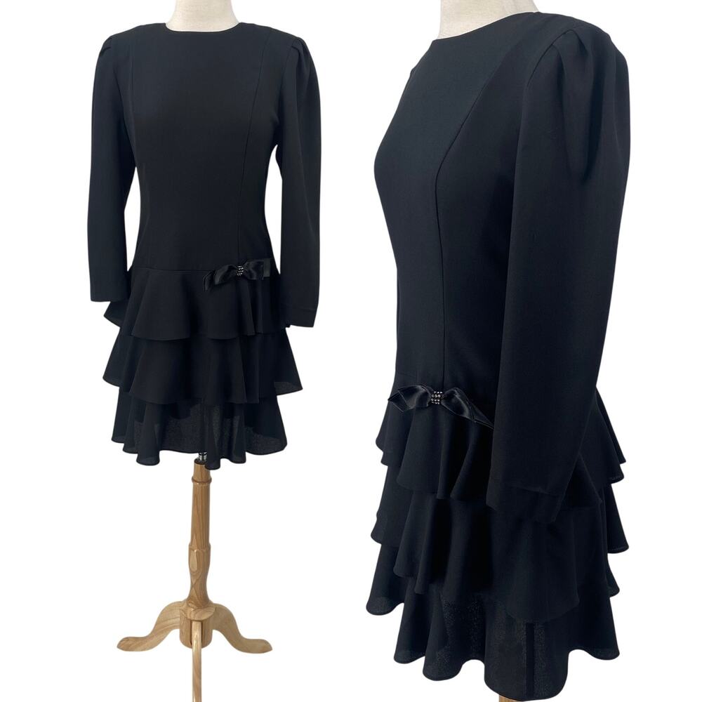 Vintage 80s Ruffled Mini Dress Satin Bow Detail Tiered Skirt Long Sleeve Black M